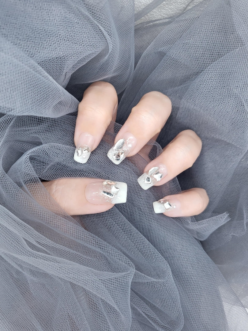 Enchanting Elegance: French square crystal Press on Nails Manicure AU