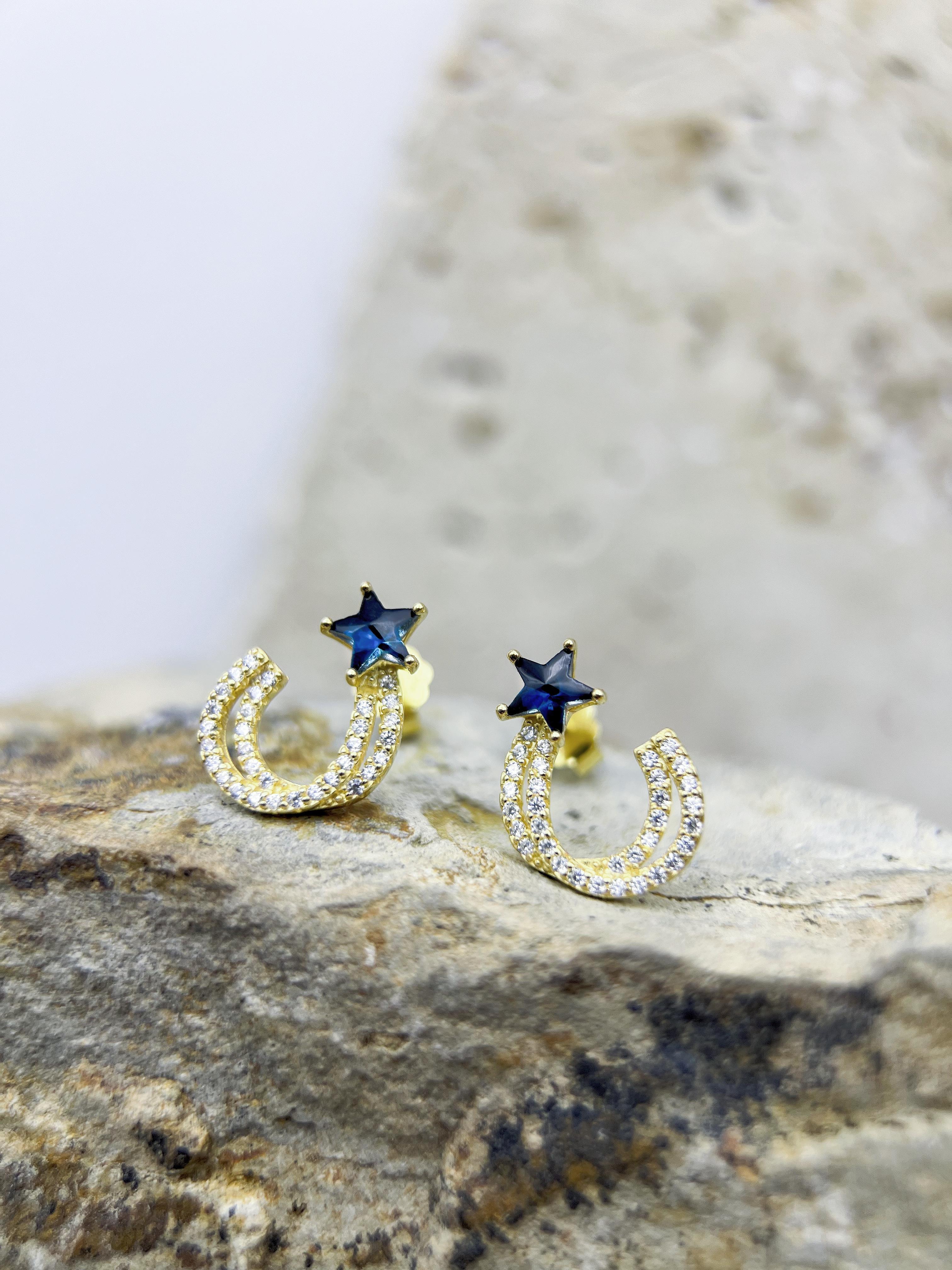 Shooting Star Stud Earrings: 925 Sterling Silver 18K Gold, Blue Star CZ, Clear CZ, Cosmic Elegance Everyday Style 