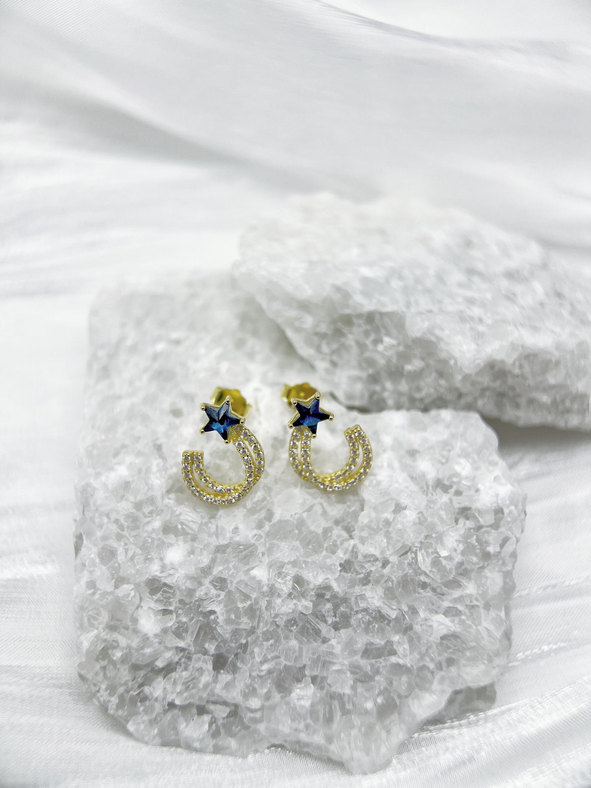 Shooting Star Stud Earrings: 925 Sterling Silver 18K Gold, Blue Star CZ, Clear CZ, Cosmic Elegance Everyday Style 